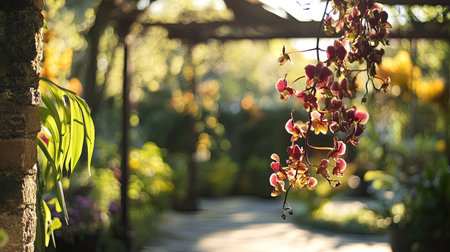 A beautifully captured moment featuring delicate orchid blooms hanging gracefully in a lush garden pathway, illuminated by soft morning light.の素材