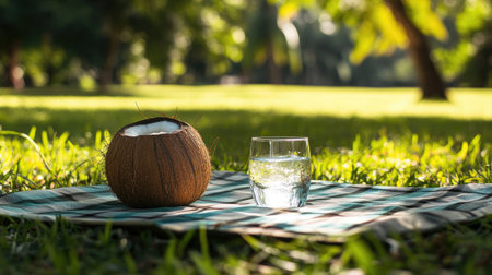 A serene outdoor scene featuring a fresh coconut drink beside a clear glass of water on a picnic blanket, surrounded by lush green grass and warm sunlight.の素材