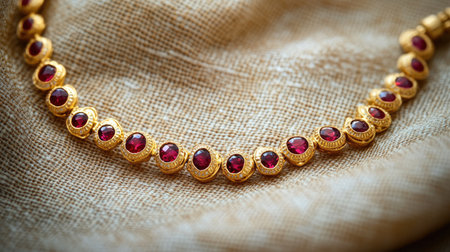 This stunning close-up image showcases an elegant gold necklace adorned with vibrant red gemstones, set against a soft, luxurious fabric background.の素材