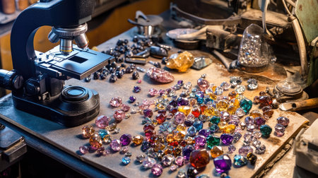 A detailed workspace featuring a microscope surrounded by an array of colorful gemstones and crystals, showcasing the beauty of natural materials.の素材