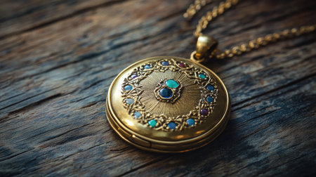 An exquisite antique golden pendant adorned with colorful gemstones rests on a rustic wooden surface, captured in soft natural lighting.の素材