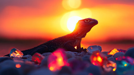 A stunning lizard rests gracefully on sparkling crystals against a vibrant sunset backdrop, showcasing nature's beauty and colorful harmony in a tranquil setting.の素材