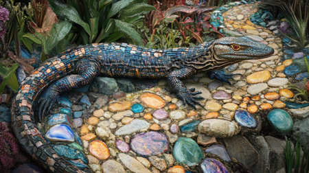 A stunning lizard rests on a vibrant stone path, surrounded by lush greenery. This serene outdoor scene captures the beauty of wildlife, color, and nature.の素材