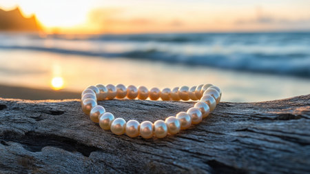 A delicate pearl bracelet positioned on weathered driftwood against a stunning sunset backdrop. The scene captures the beauty of nature and elegance of jewelry.の素材