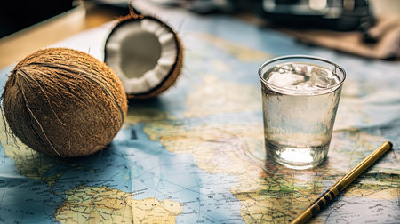 A refreshing glass of coconut water sits beside a coconut and a colorful map, symbolizing the spirit of adventure and tropical travel exploration.の素材