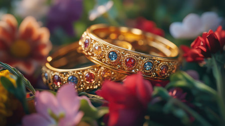 A stunning close-up of elegant golden bangles embellished with colorful gems, surrounded by vibrant flowers that symbolize beauty and joy in nature.の素材
