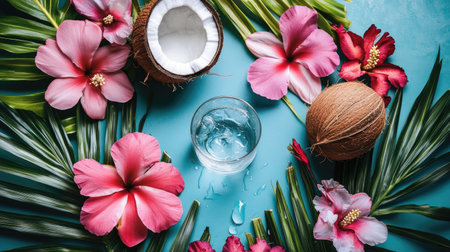 A stunning tropical arrangement featuring coconuts, vibrant hibiscus flowers, and a refreshing drink, set against a vivid blue background, perfect for summer vibes.の素材