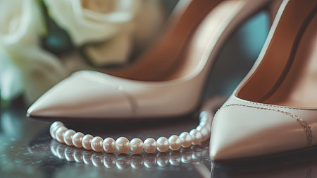 This stunning image captures a pair of elegant white high heels alongside a classic pearl necklace, perfectly styled with a soft floral arrangement, highlighting luxury and beauty for wedding or fashion themes.の素材