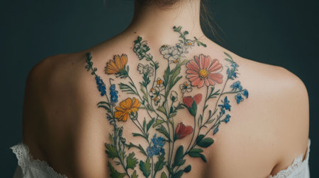 A stunning floral tattoo adorns a woman's back, featuring an array of colorful flowers and intricate designs, set against a dark backdrop.の素材
