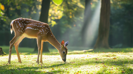 A beautiful young deer grazes peacefully in a sunlit forest, surrounded by vibrant greenery and soft rays of light filtering through the trees.の素材