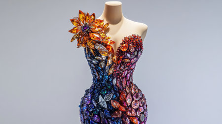 This exquisite evening gown features an elaborate design adorned with colorful gemstones in a floral pattern, perfect for high fashion events.の素材
