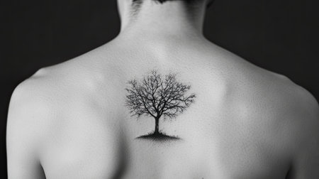 A stunning black and white photograph featuring a detailed tattoo of a tree on the back, symbolizing nature's connection and human expression.の素材