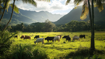 A serene scene of cows grazing peacefully in a vibrant green pasture, framed by mountains and soft sunlight, embodying rural tranquility and natural beauty.の素材