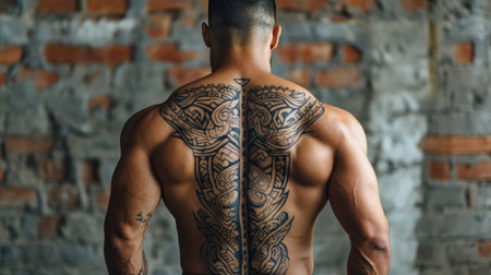 A muscular man showcases a detailed body tattoo on his back, set against an urban wall, highlighting the fusion of art and fitness in modern culture.の素材