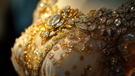 This striking close-up captures an ornate bodice elegantly adorned with sparkling gems and intricate beadwork, emphasizing luxury and craftsmanship.の素材