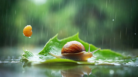 A serene close-up of a snail on a leaf during gentle rainfall, capturing the beauty of nature with vibrant greenery and glistening droplets.の素材