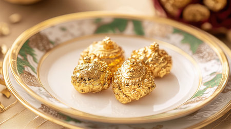 A close-up view of luxurious golden ornaments displayed on an elegant plate, creating a rich and festive atmosphere perfect for celebrations.の素材