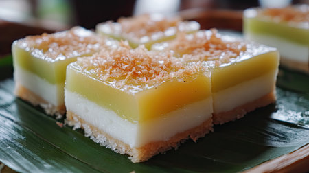 This beautiful layered dessert features a combination of coconut and pandan flavors, offering a delightful treat perfect for any gathering or celebration.の素材