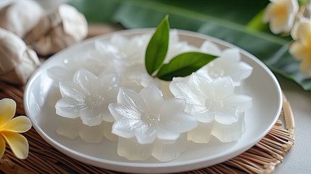 This image showcases exquisite floral jelly desserts arranged on a white plate, accented by lush tropical leaves, creating a vibrant and elegant culinary experience.の素材