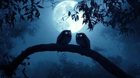 Two owls sit gracefully on a branch, illuminated by the soft glow of a full moon against a serene, dark blue landscape, creating a mystical atmosphere.の素材
