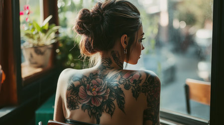 A serene portrait of a young woman showcasing detailed floral tattoos on her back while sitting by a window in a cozy cafの素材