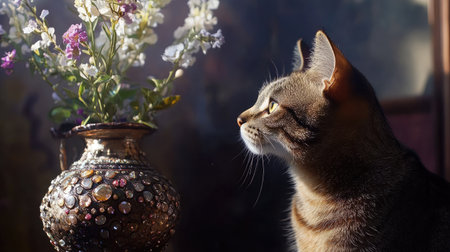 A graceful tabby cat sits beside an ornate vase of colorful flowers, basking in soft natural light, capturing the essence of serene indoor beauty.の素材
