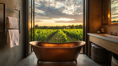 Experience pure tranquility in this elegant bathroom featuring a stunning copper bathtub and breathtaking vineyard views at sunset. Perfect for relaxation.の素材