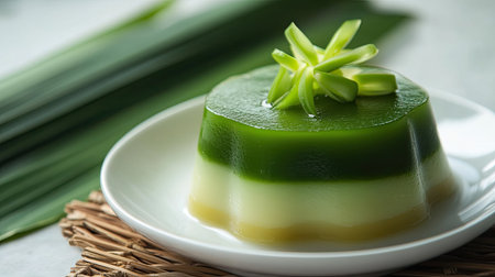 A vibrant green coconut jelly dessert elegantly presented on a white plate, garnished with fresh leaves, showcasing a smooth texture and delightful layers.の素材