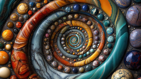 An abstract closeup image showcasing colorful spirals of stones and orbs set against a dark background, highlighting intricate textures and vibrant colors.の素材