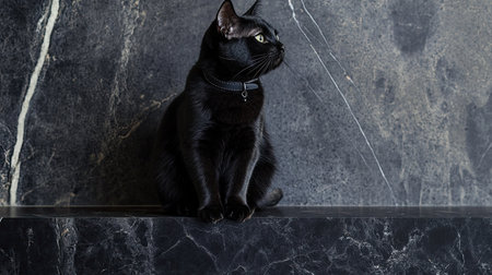 A striking black cat sits elegantly on a dark marble surface, showcasing a calm demeanor with its side profile. The modern indoor setting enhances its charm.の素材