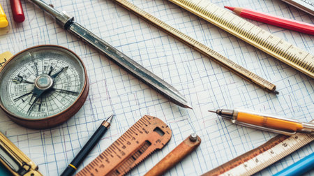 A collection of traditional drafting tools arranged meticulously on graph paper, ideal for design and engineering projects, showcasing precision and creativity.の素材
