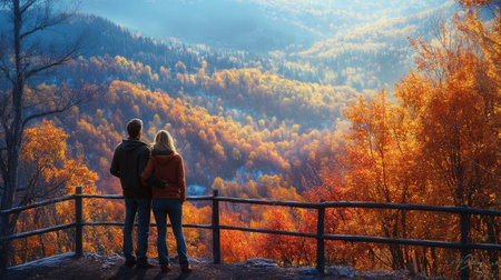 A couple stands together, gazing at a breathtaking autumn landscape filled with vibrant foliage and serene mountains, creating a perfect romantic moment.の素材
