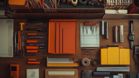 A vibrant workspace showcasing a flat lay arrangement of essential orange stationery and tools on a wooden desk, emphasizing organization and creativity.の素材