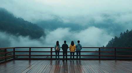 A group of four friends stands together on a wooden deck, gazing at the stunning view of mountainous landscape enveloped in fog. This serene moment captures the essence of friendship and connection with nature amidst breathtaking scenery.の素材
