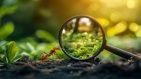 This captivating macro photograph features a vibrant ant examined through a magnifying glass, highlighting the rich details of greenery and sunlight.の素材