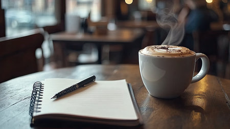 A serene scene depicting a steaming cup of coffee beside an open notebook on a rustic wooden table, perfect for inspiration and relaxation.の素材