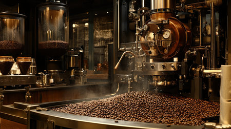 A beautifully lit industrial coffee roasting machine showcases freshly roasted beans, creating a warm and inviting atmosphere in a modern cafe setting.の素材