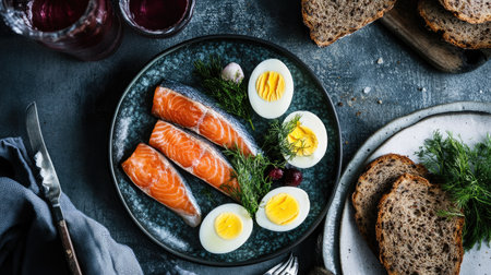 Indulge in a beautifully arranged plate featuring fresh salmon fillets, perfectly boiled eggs, and rye bread, garnished with dill. Perfect for healthy meals.の素材