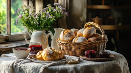 A charming display of freshly baked rolls and jars of jam set on a rustic table. Natural light illuminates the scene, enhancing the cozy atmosphere.の素材