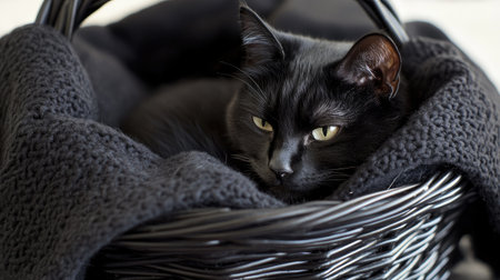 A serene black cat rests comfortably inside a woven basket, surrounded by a soft blanket, exuding warmth and tranquility in a cozy indoor setting.の素材