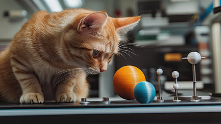 An adorable orange cat intensely observes a small collection of colorful planetary models, showcasing a blend of curiosity and imagination in a vibrant indoor environment.の素材