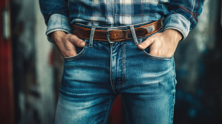 This close-up image features a man in stylish blue jeans and a plaid shirt, hands in pockets, set against an urban backdrop, capturing a relaxed vibe.の素材