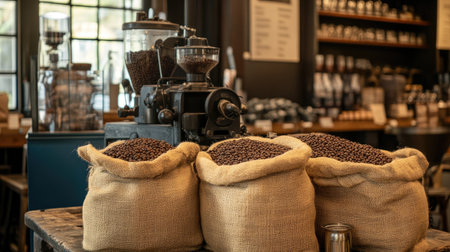 A vintage coffee grinder surrounded by burlap sacks filled with freshly roasted coffee beans, evoking a cozy and welcoming cafの素材