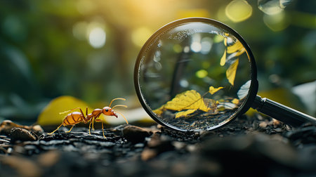 Close-up image of an ant observed through a magnifying glass, showcasing intricate details against a lush green background, emphasizing nature's beauty.の素材