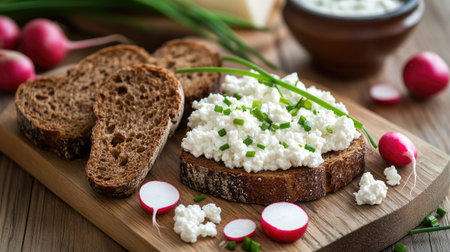 A delicious presentation of fresh cottage cheese spread on dark rye bread, garnished with spring onions and served with sliced radishes. Perfect for healthy meals.の素材