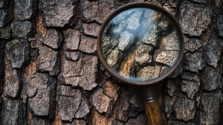 A close-up view showcasing a magnifying glass over textured tree bark, emphasizing the intricate details and highlights of nature's artwork.の素材