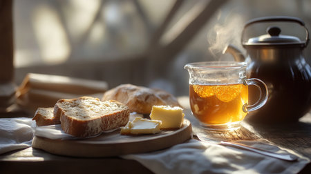 A serene breakfast scene featuring toasted bread, creamy butter, and steaming tea, all set in a cozy, rustic atmosphere filled with natural light.の素材