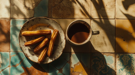A delightful scene featuring warm churros on a plate alongside a steaming cup of coffee, captured on a vibrant tile surface. Perfect for showcasing afternoon treats.の素材