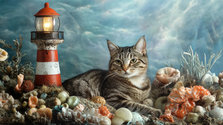 A charming scene featuring a cat lounging beside a picturesque red and white lighthouse, surrounded by an assortment of colorful seashells and ocean-themed decor.の素材
