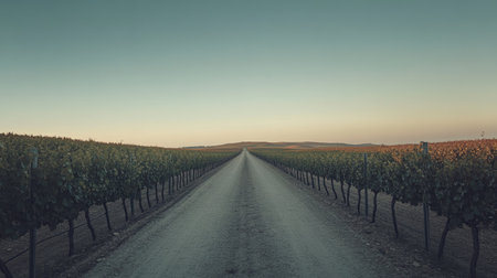 A tranquil gravel road stretches through a lush vineyard, framed by rows of green vines under a serene evening sky. Ideal for nature enthusiasts.の素材